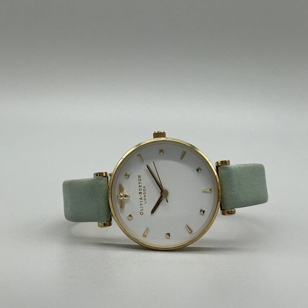 Olivia Burton Womens Watch 29mm Bee Logo Mint Green Leather Gold Tone New Batt